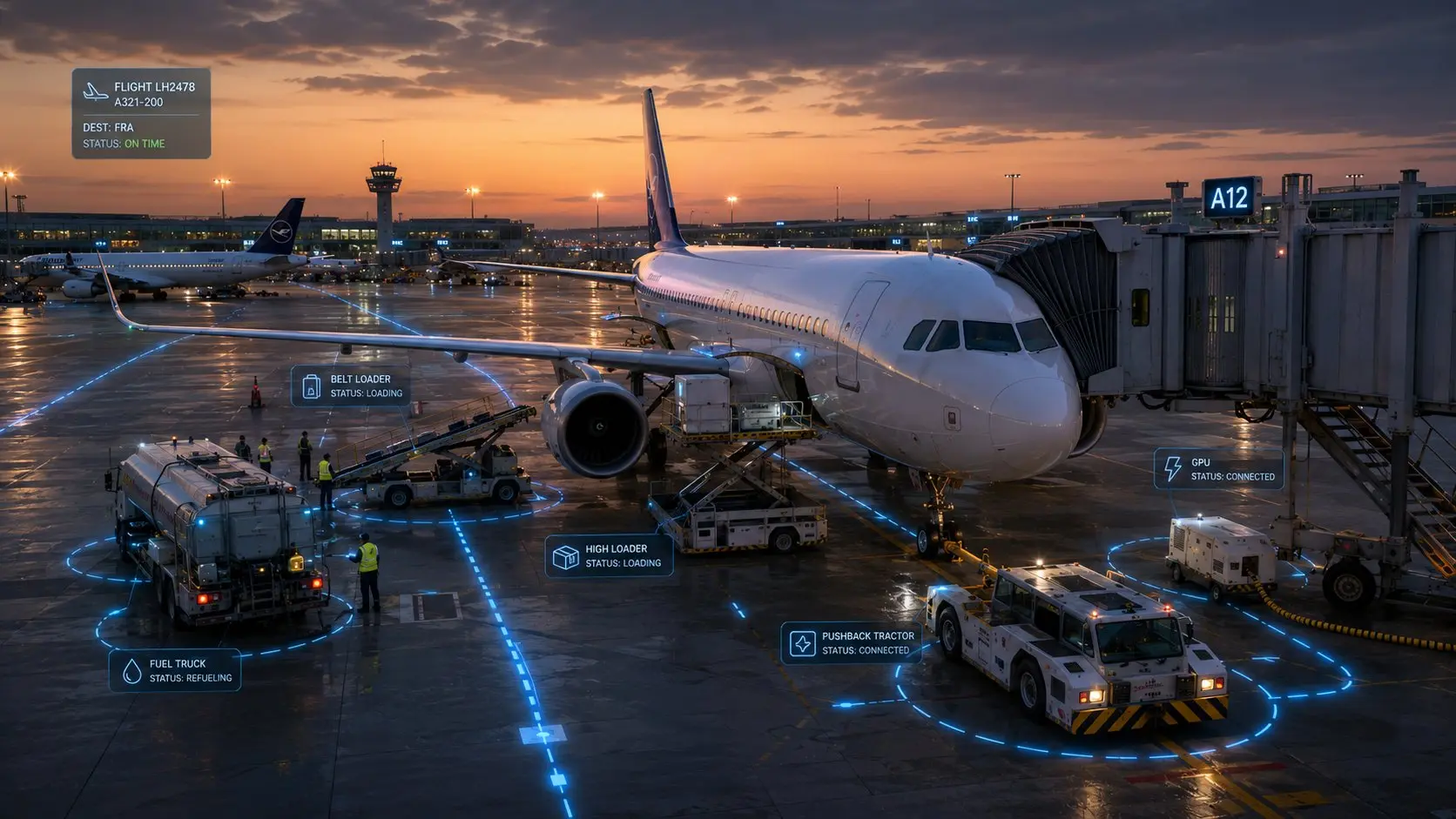 Aircraft at gate A12 at dusk with ground support equipment connected