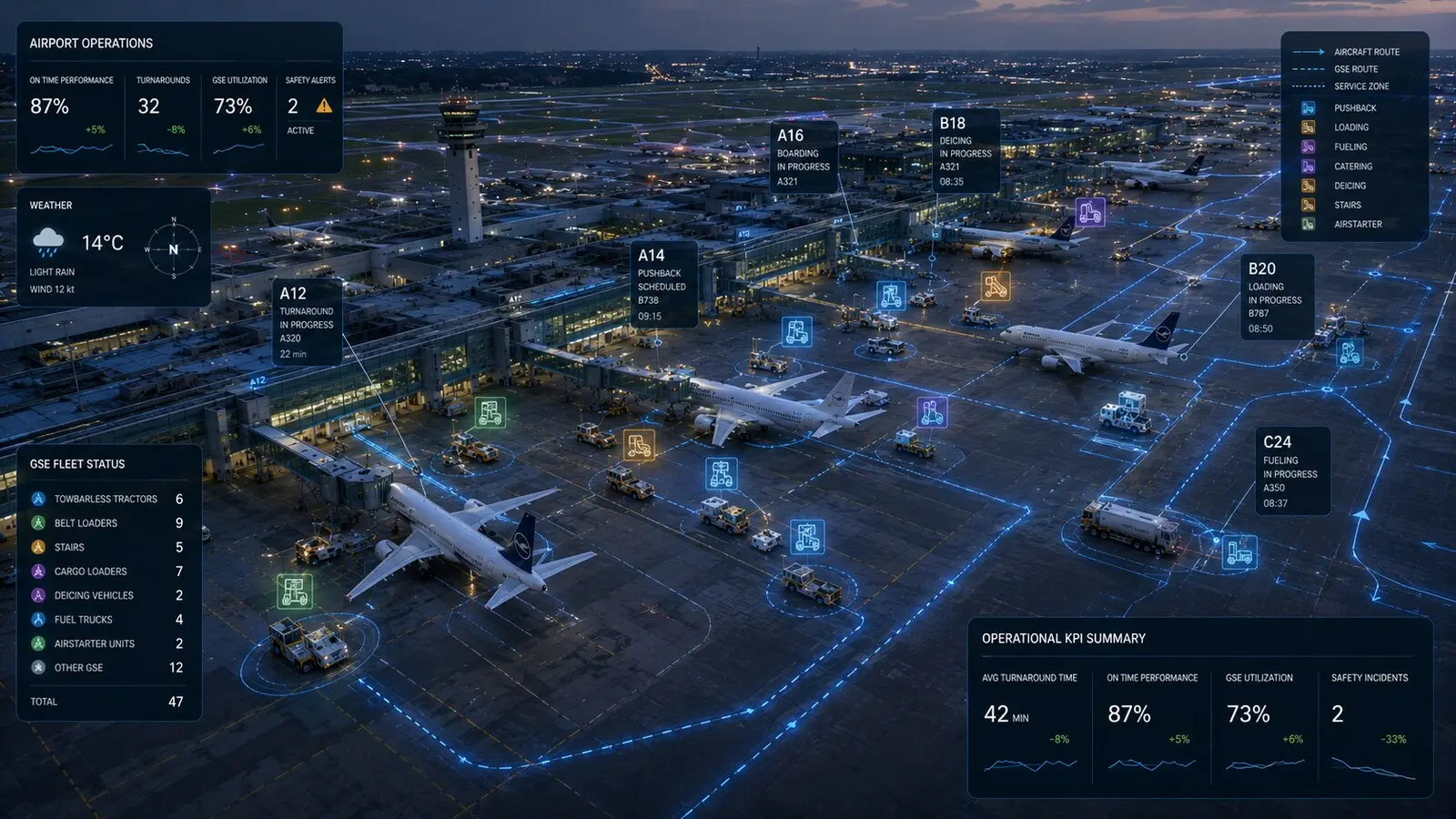 Airport operations dashboard with live KPIs, fleet status and GSE routing