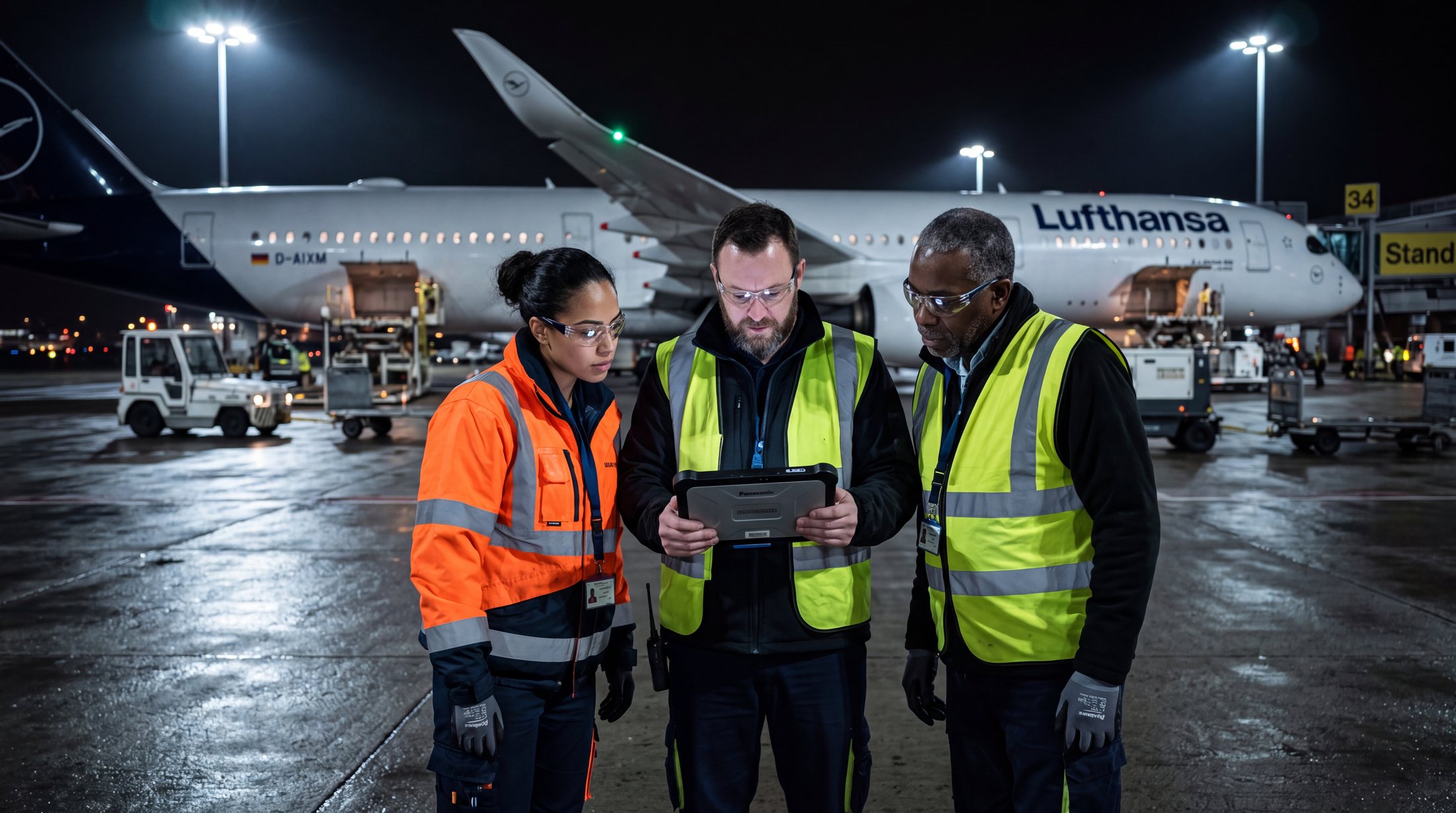 Équipe de piste marchant vers un avion Brussels Airlines au crépuscule